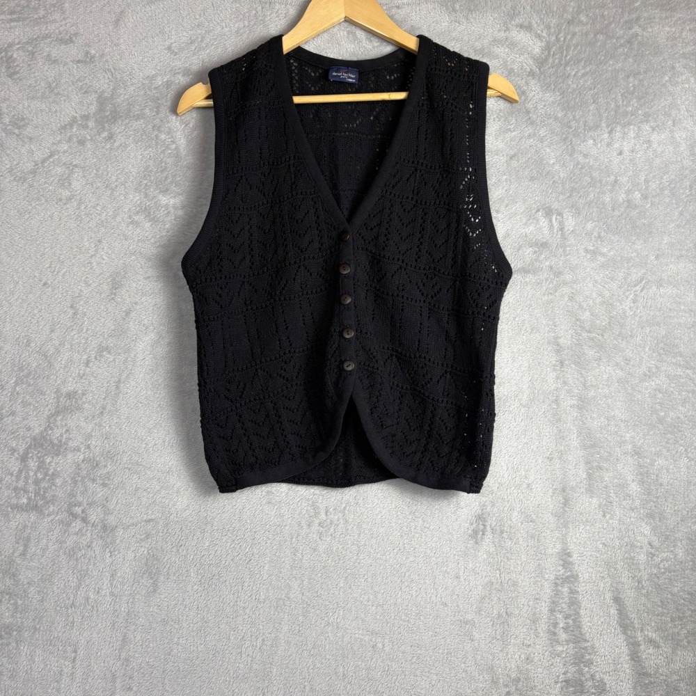 Vintage Sweater Vest Pointelle Knit S Black Button Front V-Neck Cottagecore Cozy